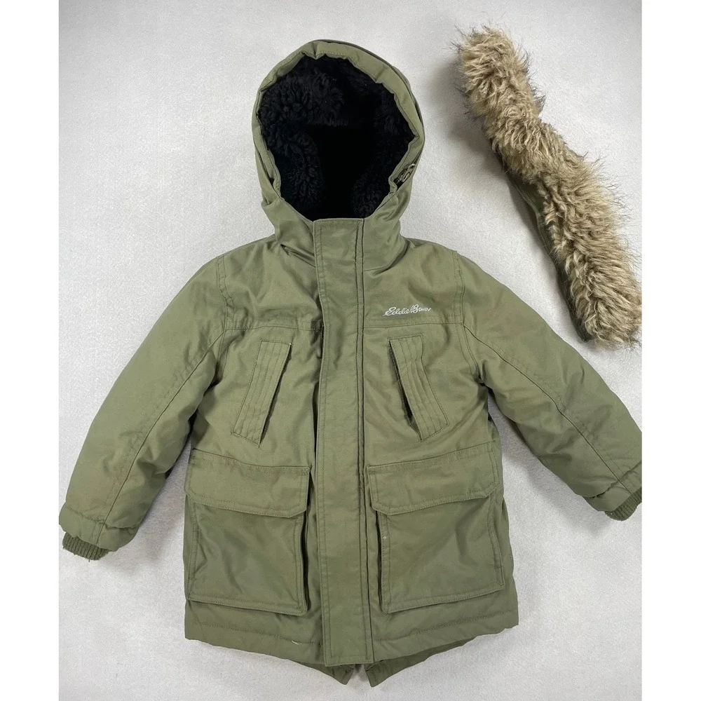 Eddie Bauer Down Parka Boys Faux Fur Hood Olive Green Size 2T With Gloves